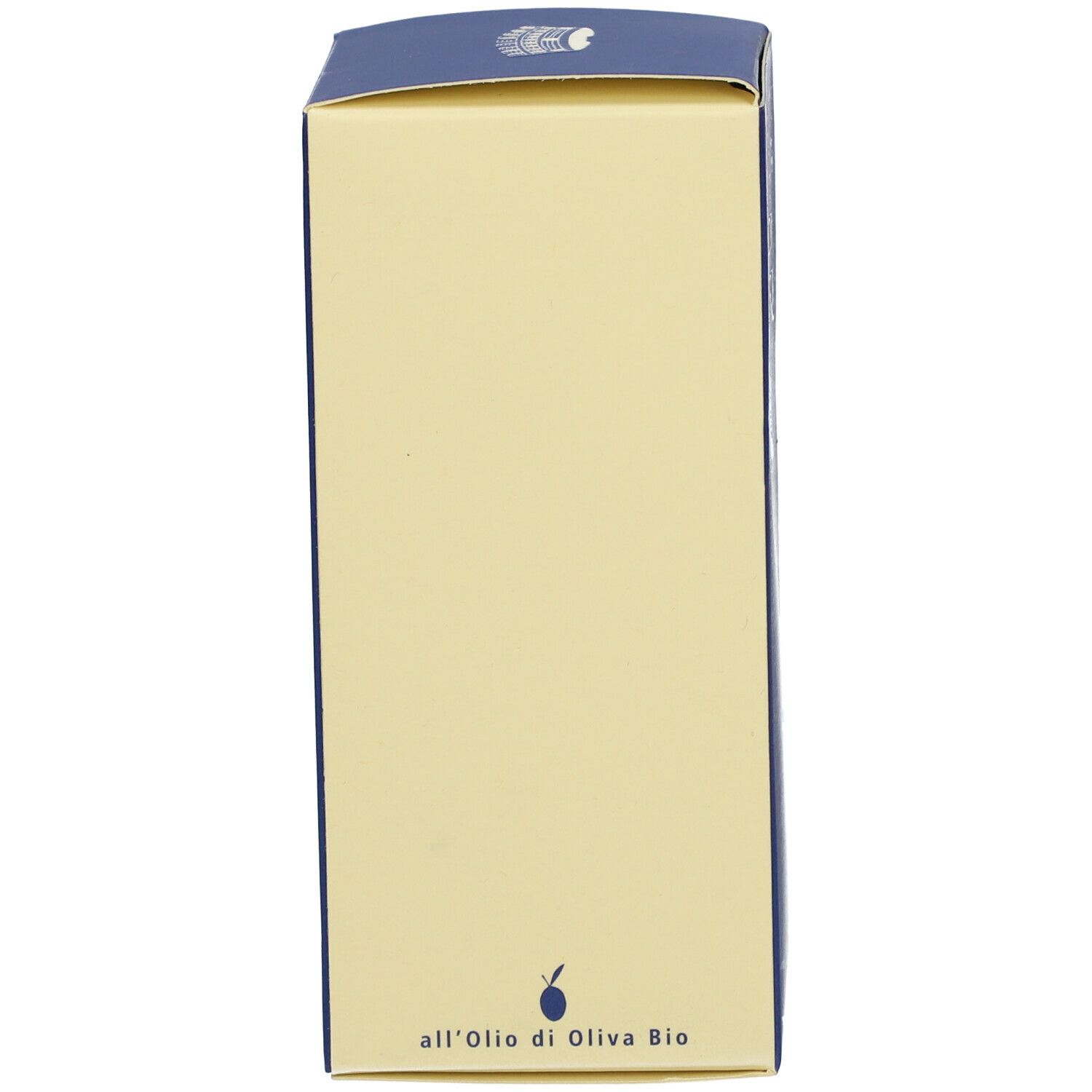 Retro di una scatola beige. Testo: Olio d'oliva.