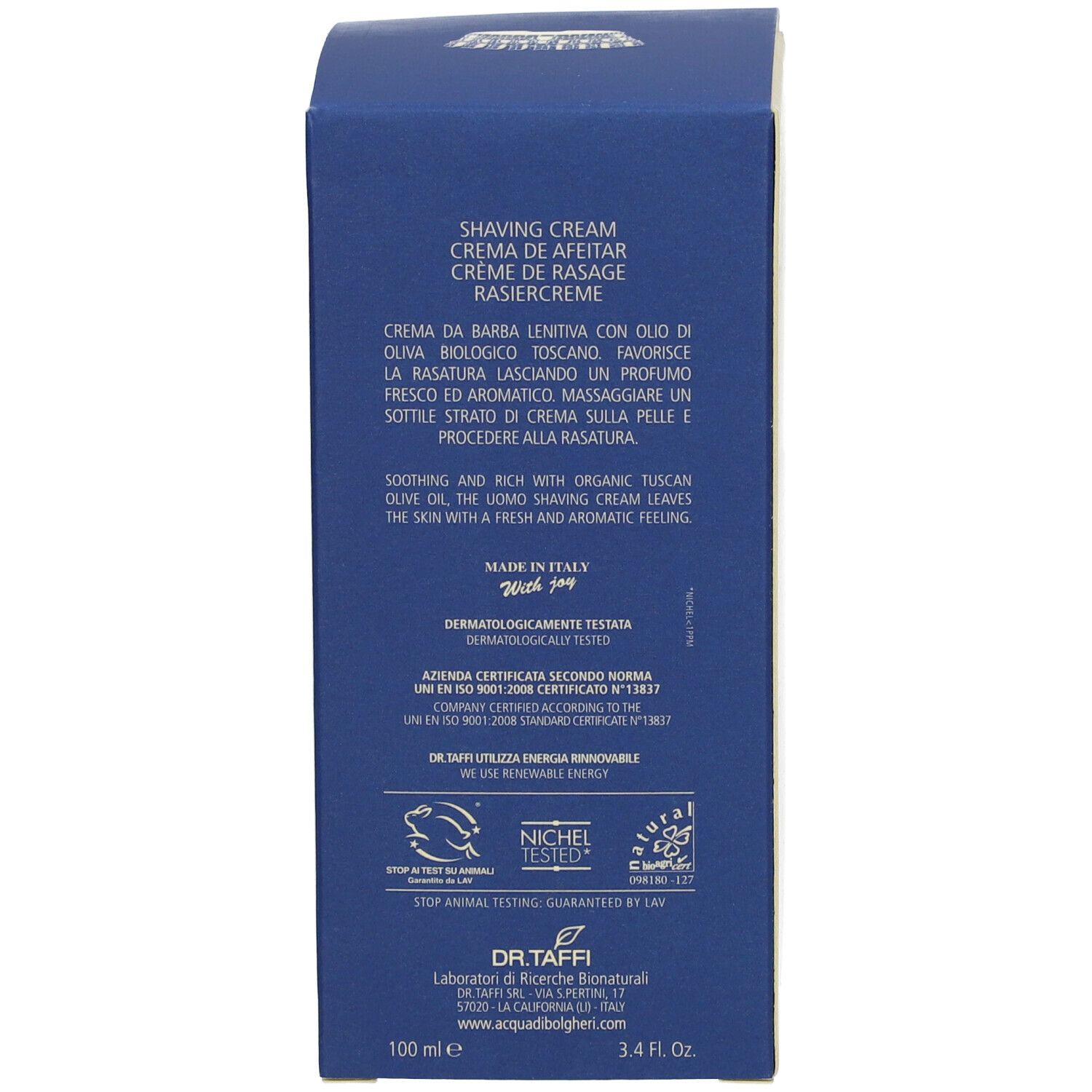 Retro di una scatola blu. Testo: Crema da barba, ingredienti, certificazioni.