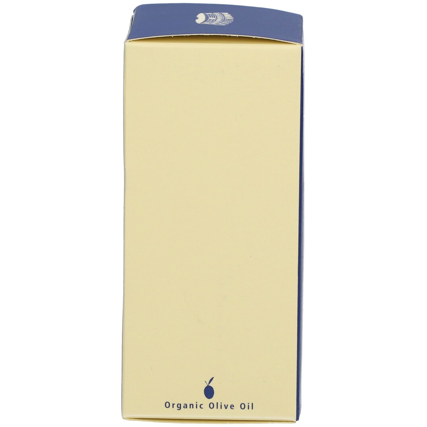 Retro di una scatola beige. Testo: Olio d'oliva.