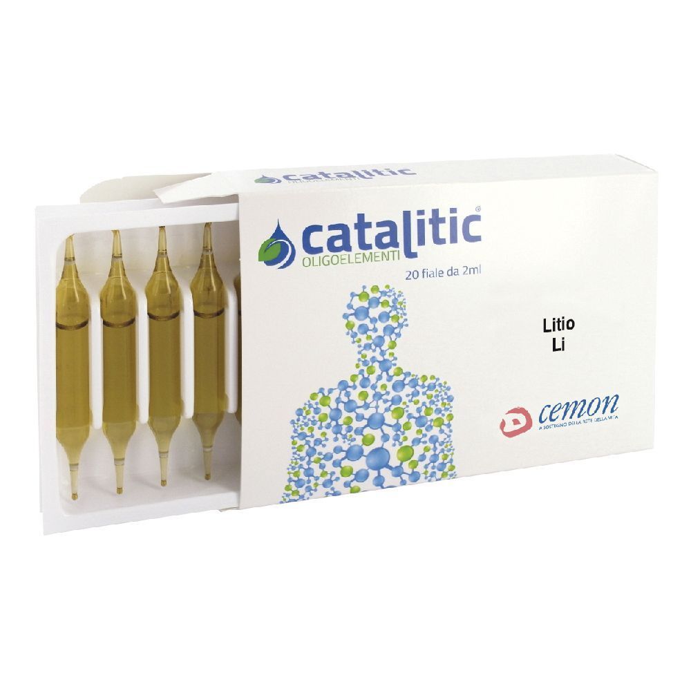 Packung mit Ampullen. Enthält 20 Ampullen mit je 2 ml. Aufschrift: Catalitic Oligoelemente, Lithium. Marke: Cemon.