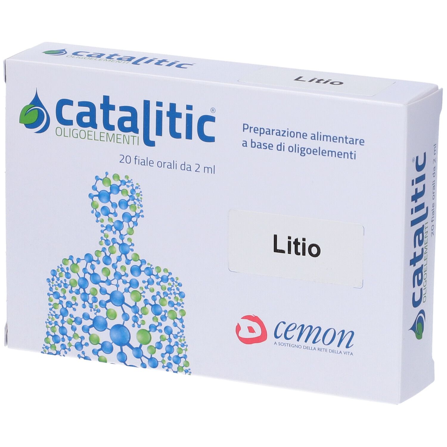 Weiße Schachtel mit Aufschrift Catalitic Oligoelemente, Lithium. Enthält 20 Ampullen. Marke: Cemon.