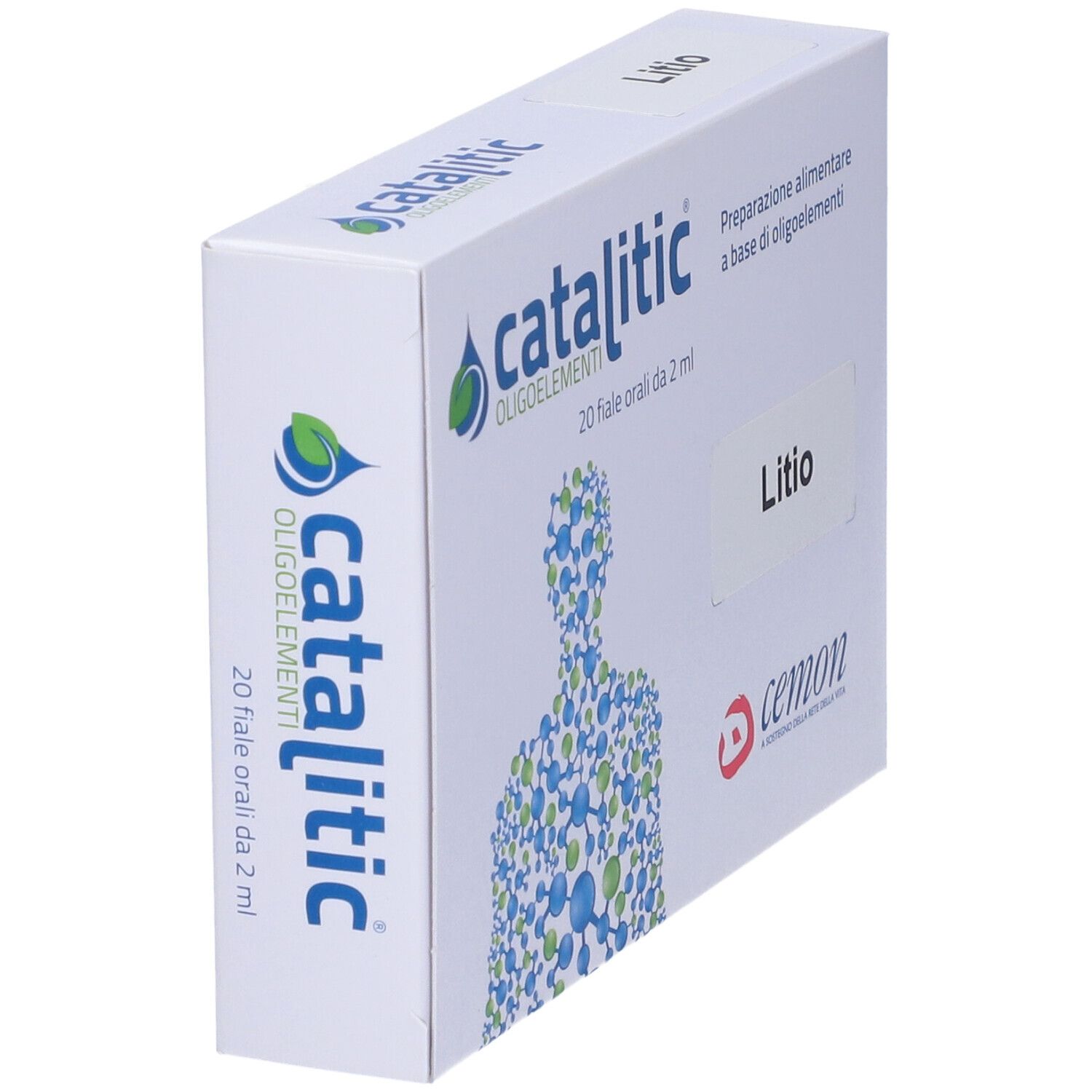 Weiße Schachtel mit Aufschrift Catalitic Oligoelemente, Lithium. Enthält 20 Ampullen. Marke: Cemon. Perspektivische Ansicht.