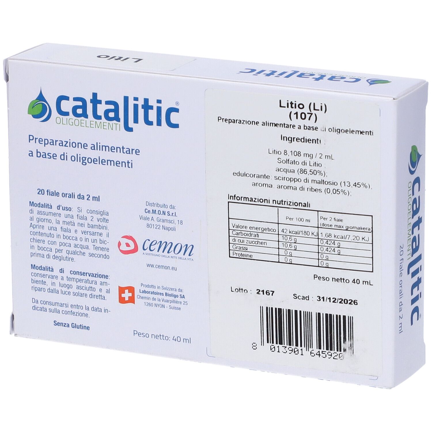 Weiße Schachtel mit Aufschrift Catalitic Oligoelemente, Lithium. Enthält 20 Ampullen. Marke: Cemon. Rückseite mit Inhaltsangaben.