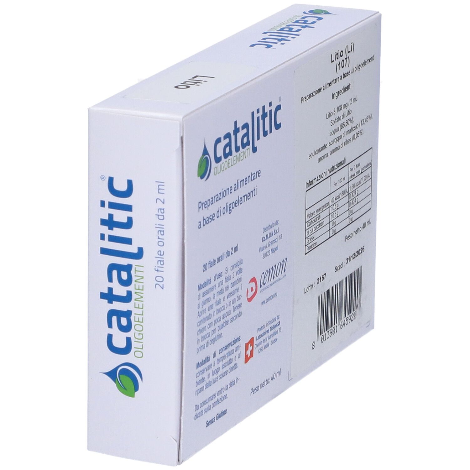 Weiße Schachtel mit Aufschrift Catalitic Oligoelemente, Lithium. Enthält 20 Ampullen. Marke: Cemon. Perspektivische Ansicht.