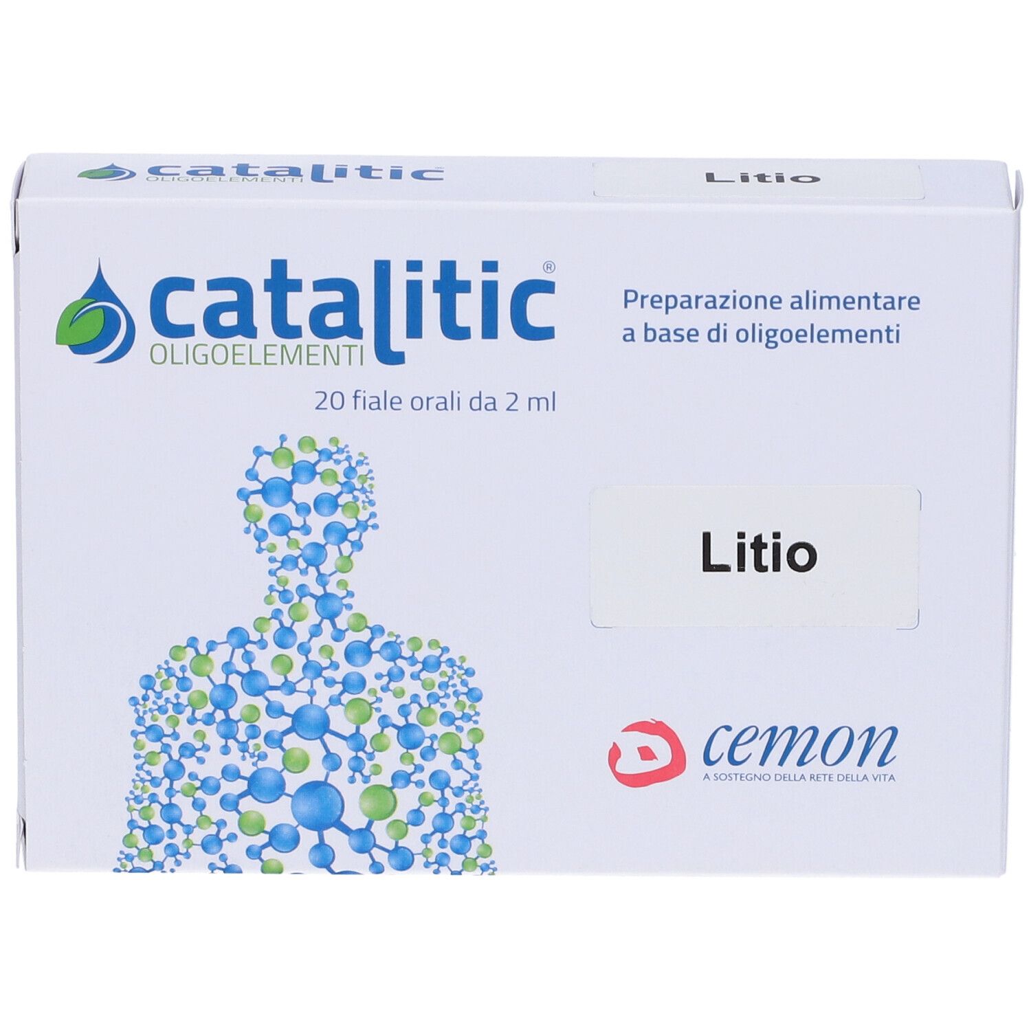 Weiße Schachtel mit Aufschrift Catalitic Oligoelemente, Lithium. Enthält 20 Ampullen. Marke: Cemon.