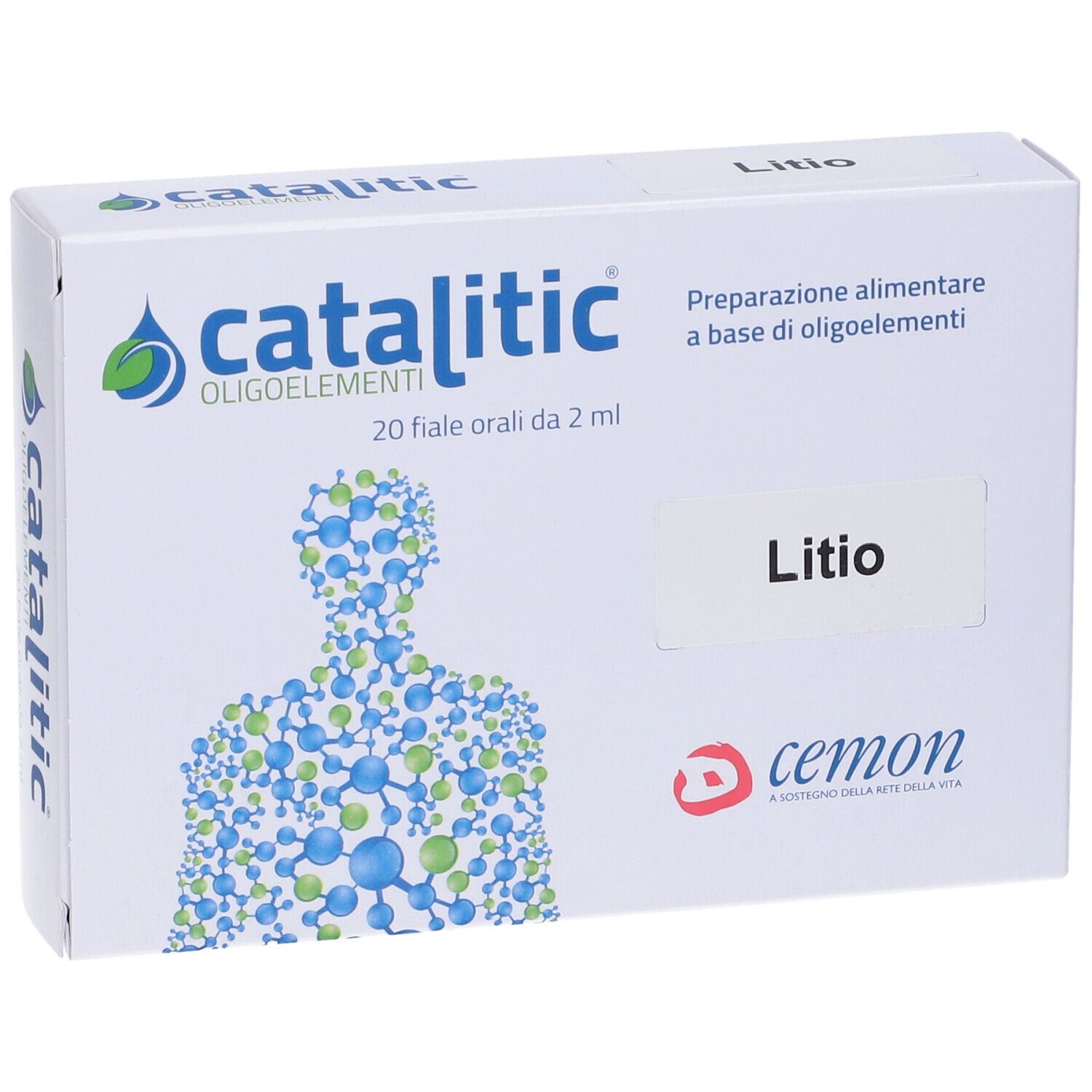 Weiße Schachtel mit Aufschrift Catalitic Oligoelemente, Lithium. Enthält 20 Ampullen. Marke: Cemon.