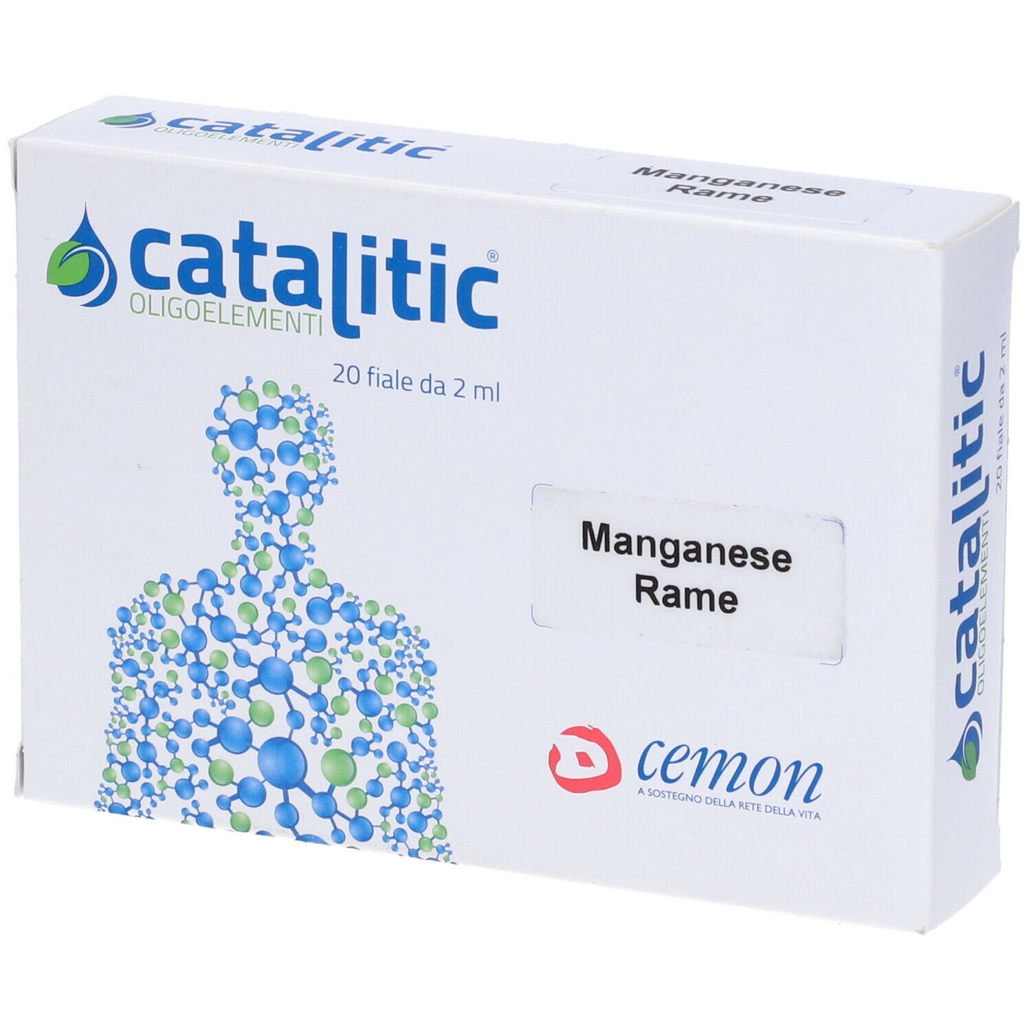 Boîte blanche "catalitic" avec "Manganèse Cuivre". Contient 20 flacons. Marque : cemon.