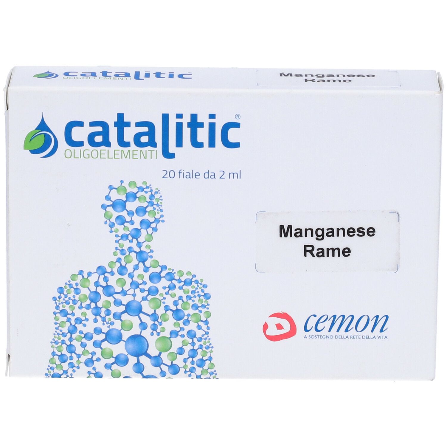 Boîte blanche "catalitic" avec "Manganèse Cuivre". Contient 20 flacons. Marque : cemon.