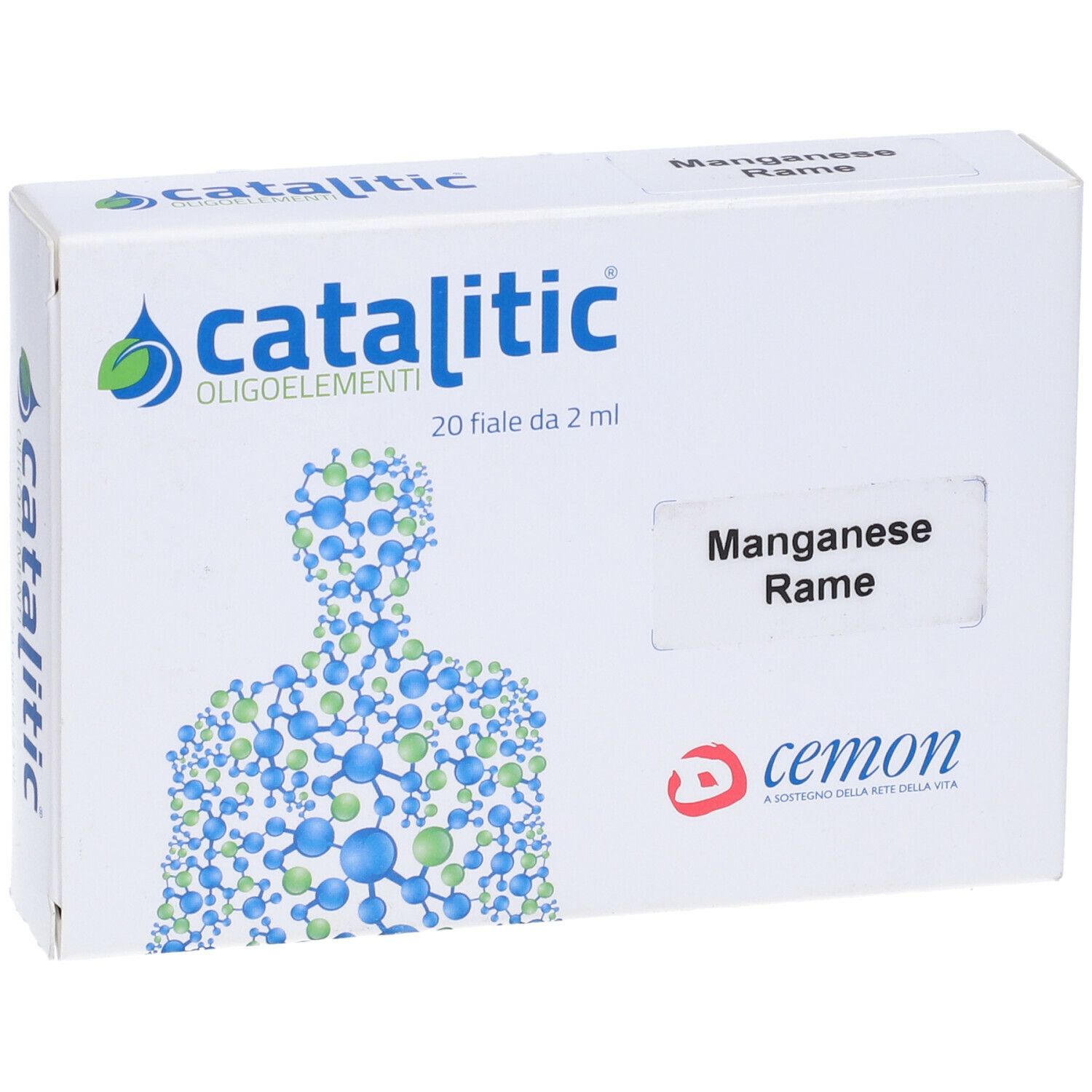 Boîte blanche "catalitic" avec "Manganèse Cuivre". Contient 20 flacons. Marque : cemon.