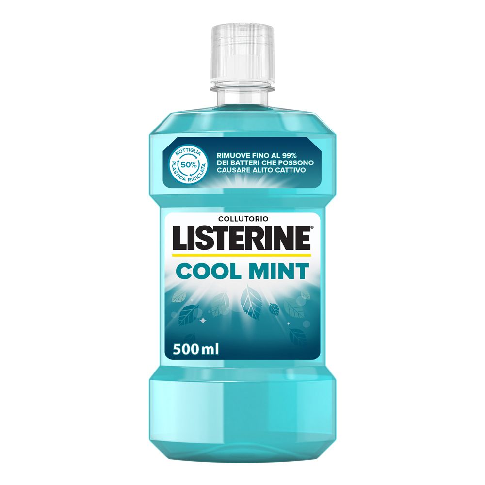 Listerine Coolmint Mundspülung. Hellblaue Flasche mit weißem Deckel. Text: Cool Mint, 500ml.