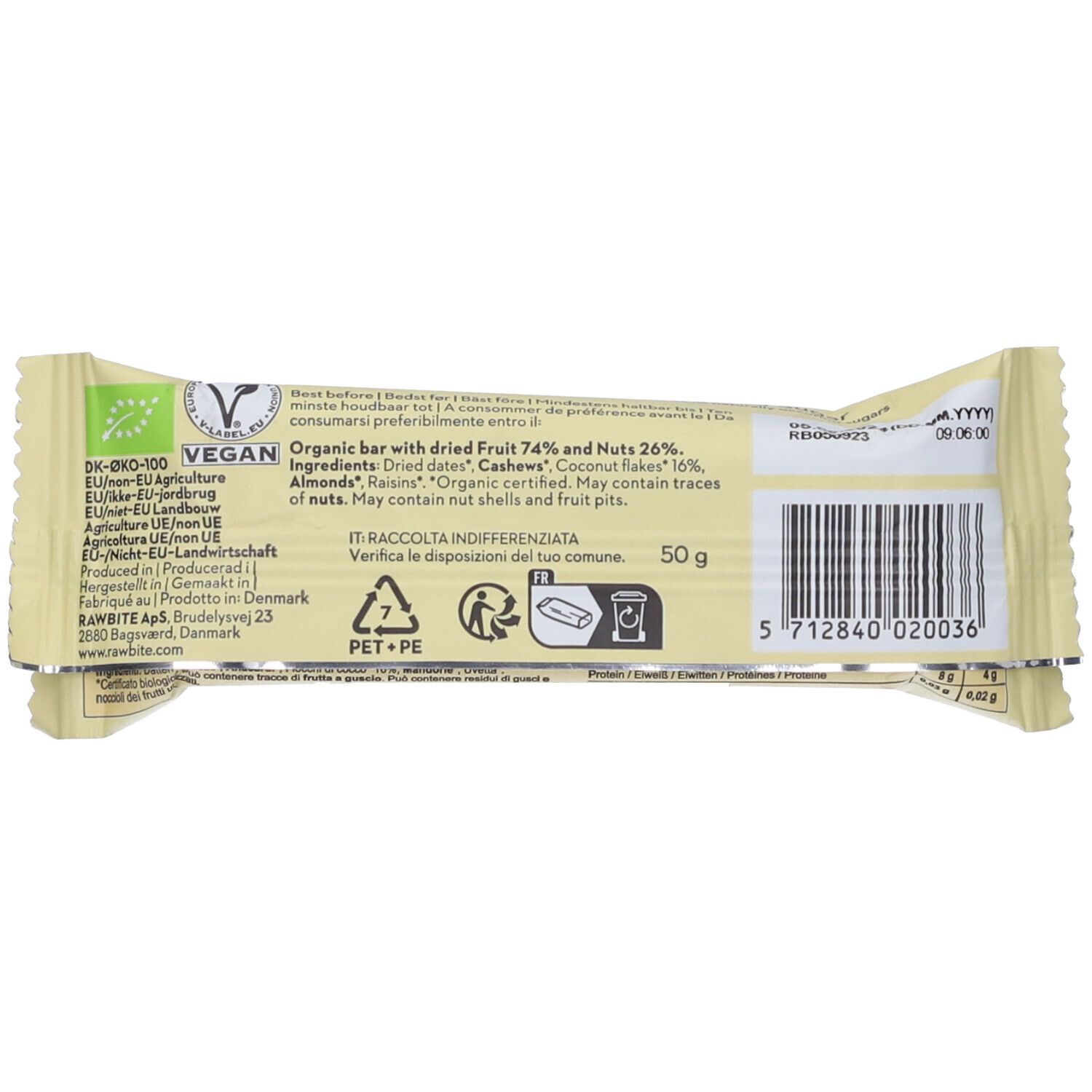 Confezione della barretta con testo e codice a barre. Contiene informazioni sugli ingredienti e certificazioni. 50 g.