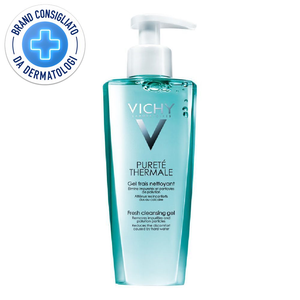 Gel detergente turchese con dispenser bianco. Scritta: Vichy, Pureté Thermale. Logo: Brand Consigliato da Dermatologi.