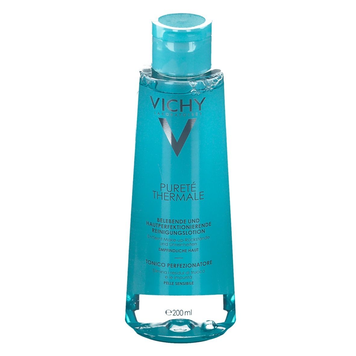 Vichy Pureté Thermale. Flacone blu, tappo bianco. Scritte: 'Pureté Thermale' e '200ml'.