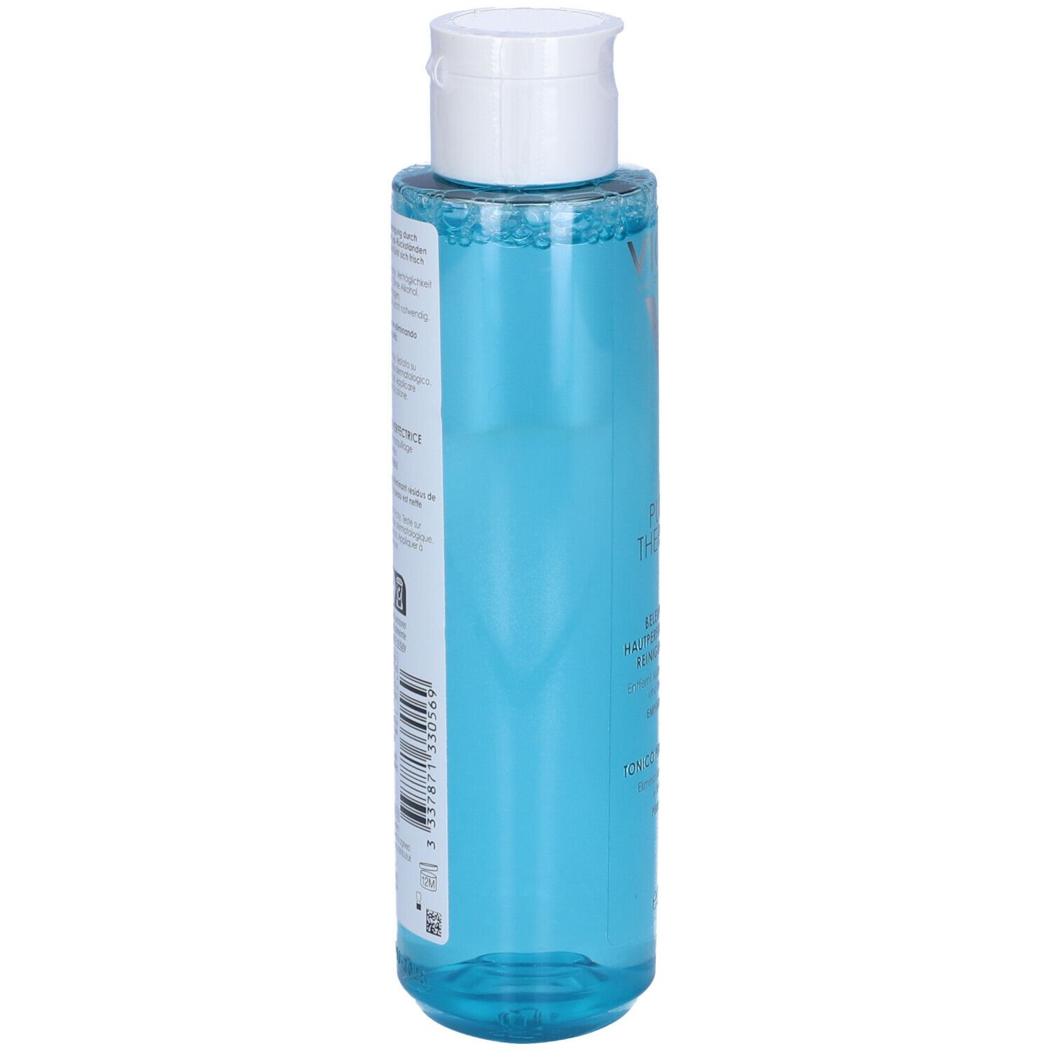 Vichy Pureté Thermale. Flacone blu, tappo bianco. Retro con testo e codice a barre.