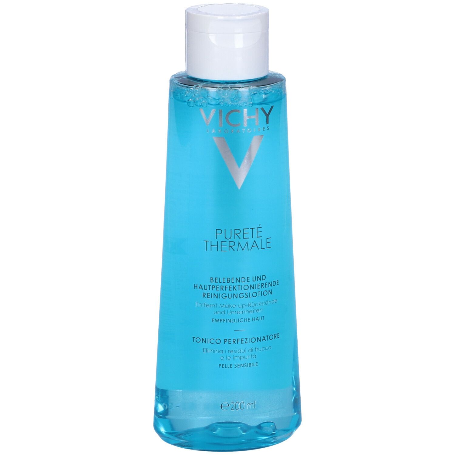 Vichy Pureté Thermale. Flacone blu, tappo bianco. Scritte: 'Pureté Thermale' e '200ml'.