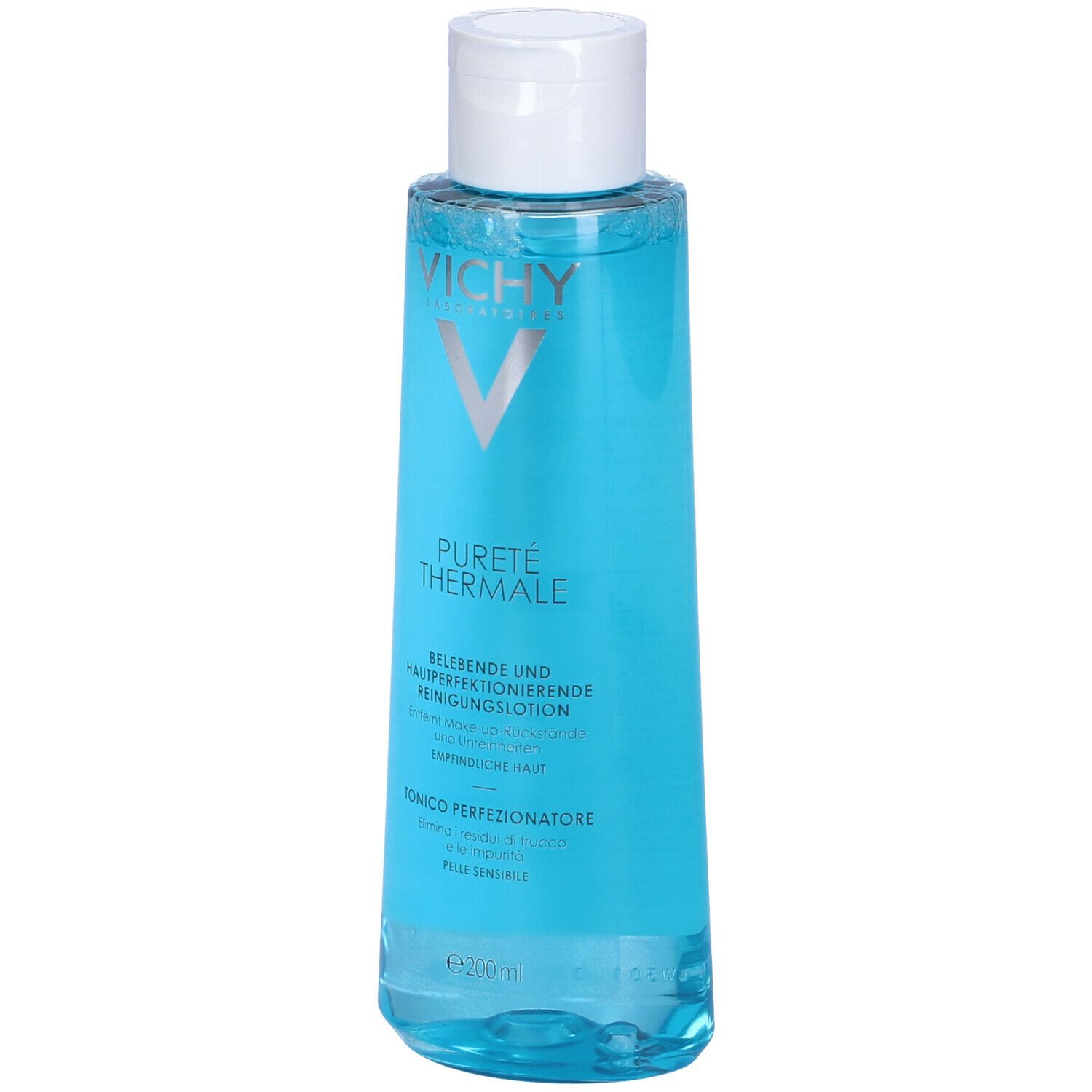 Vichy Pureté Thermale. Flacone blu, tappo bianco. Scritte: 'Pureté Thermale' e '200ml'.