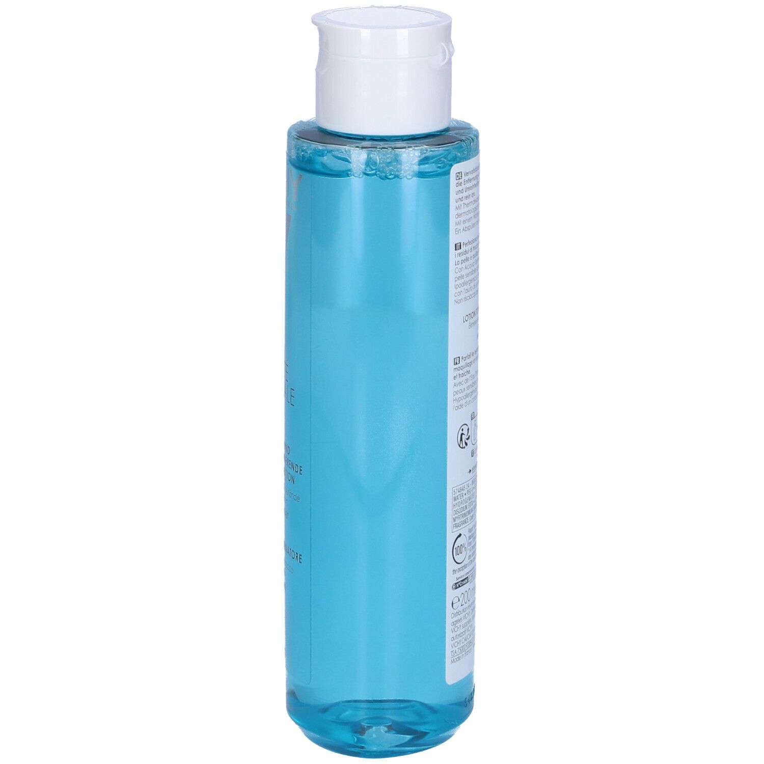 Vichy Pureté Thermale. Flacone blu, tappo bianco. Retro con testo.
