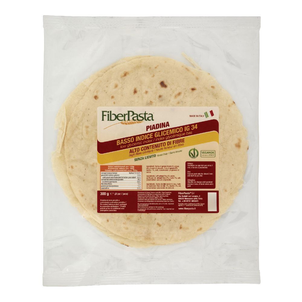 Piadina confezionata. Scritta: FiberPasta, Piadina, basso indice glicemico IG 34, alto contenuto di fibre. Sigillo.