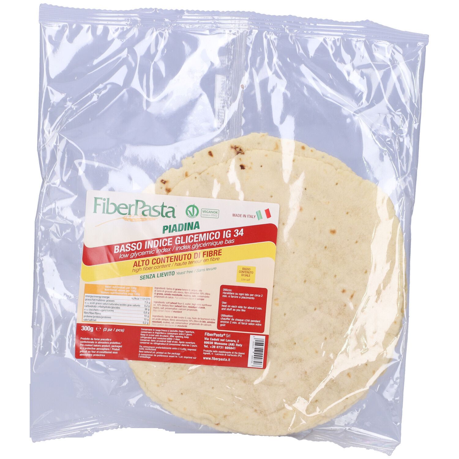 Piadina confezionata. Scritta: FiberPasta, Piadina, basso indice glicemico IG 34, alto contenuto di fibre. Sigillo.