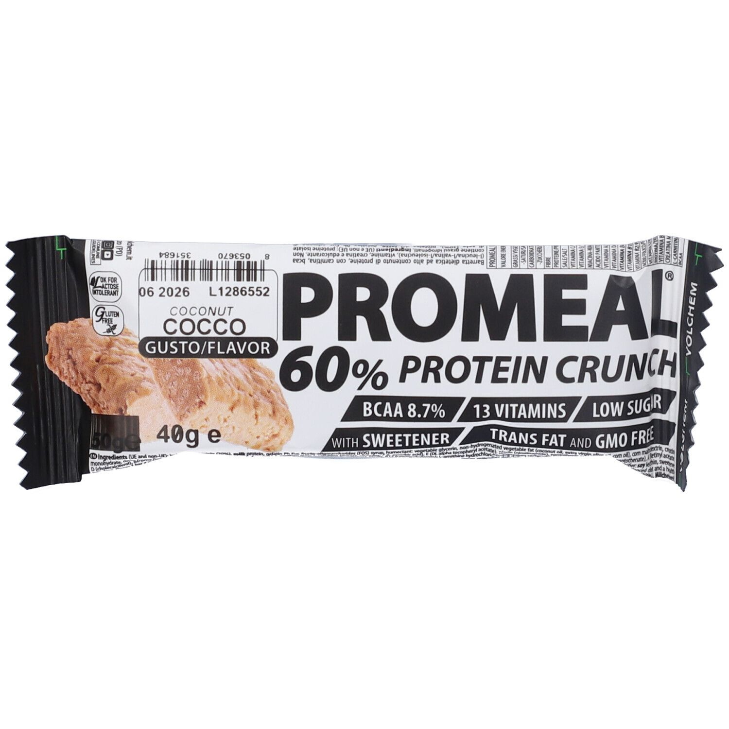 VOLCHEM Promeal Protein 60 Barretta Proteica 60% Non Ricoperta Di Cioccolato Gusto Cocco
