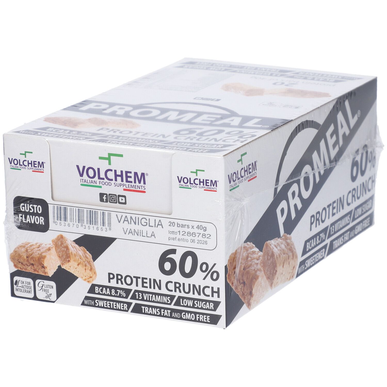 VOLCHEM Promeal Protein 60 Barretta Proteica 60% Non Ricoperta Di Cioccolato Gusto Cacao