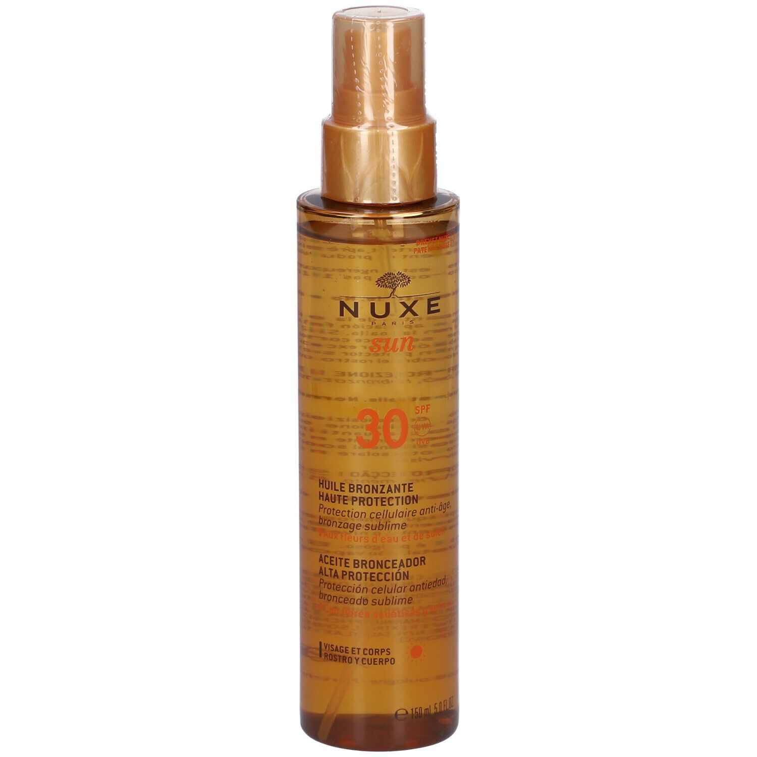 Fronte del flacone di olio abbronzante. Scritta Nuxe Sun, SPF 30. Tappo dorato.
