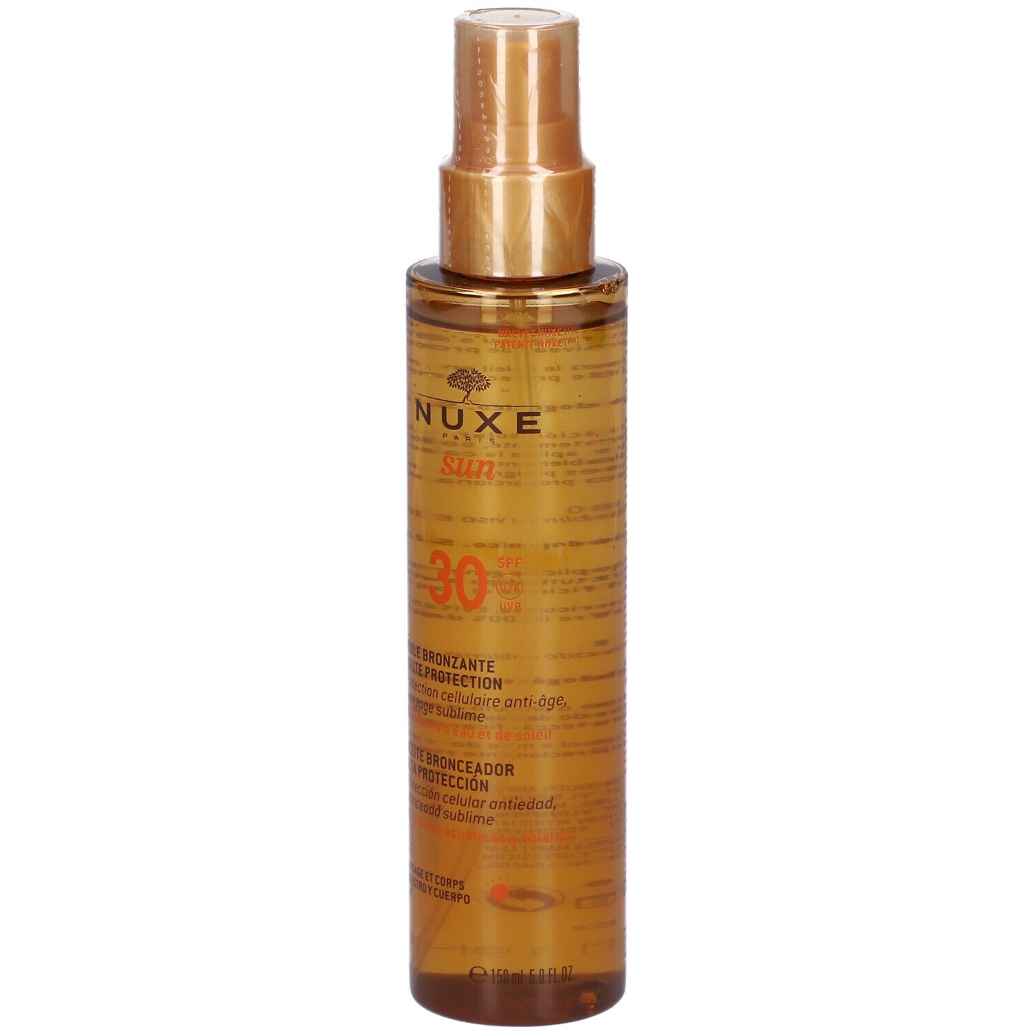 Fronte del flacone di olio abbronzante. Scritta Nuxe Sun, SPF 30. Tappo dorato.
