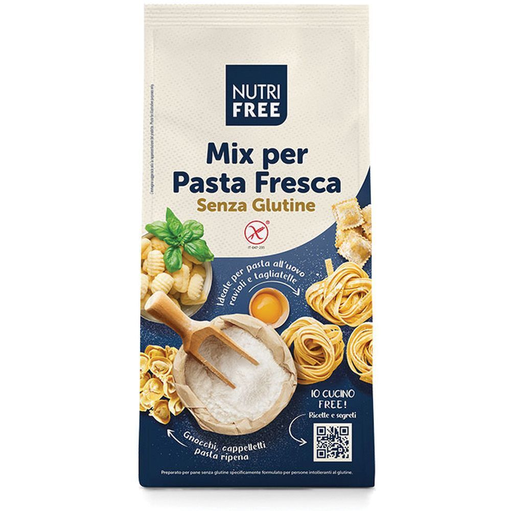 Confezione di "Nutri Free Mix per Pasta Fresca". Contiene ingredienti senza glutine. Immagini di diversi tipi di pasta.