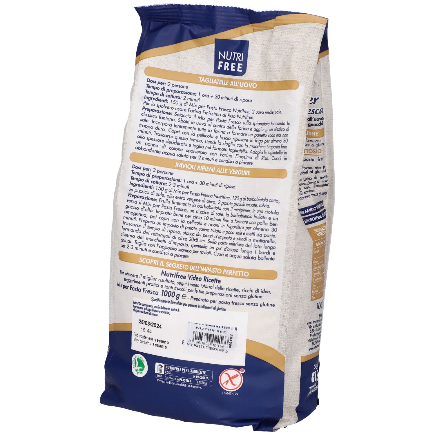 Retro della confezione "Nutri Free Mix per Pasta Fresca". Contiene istruzioni per la preparazione della pasta.