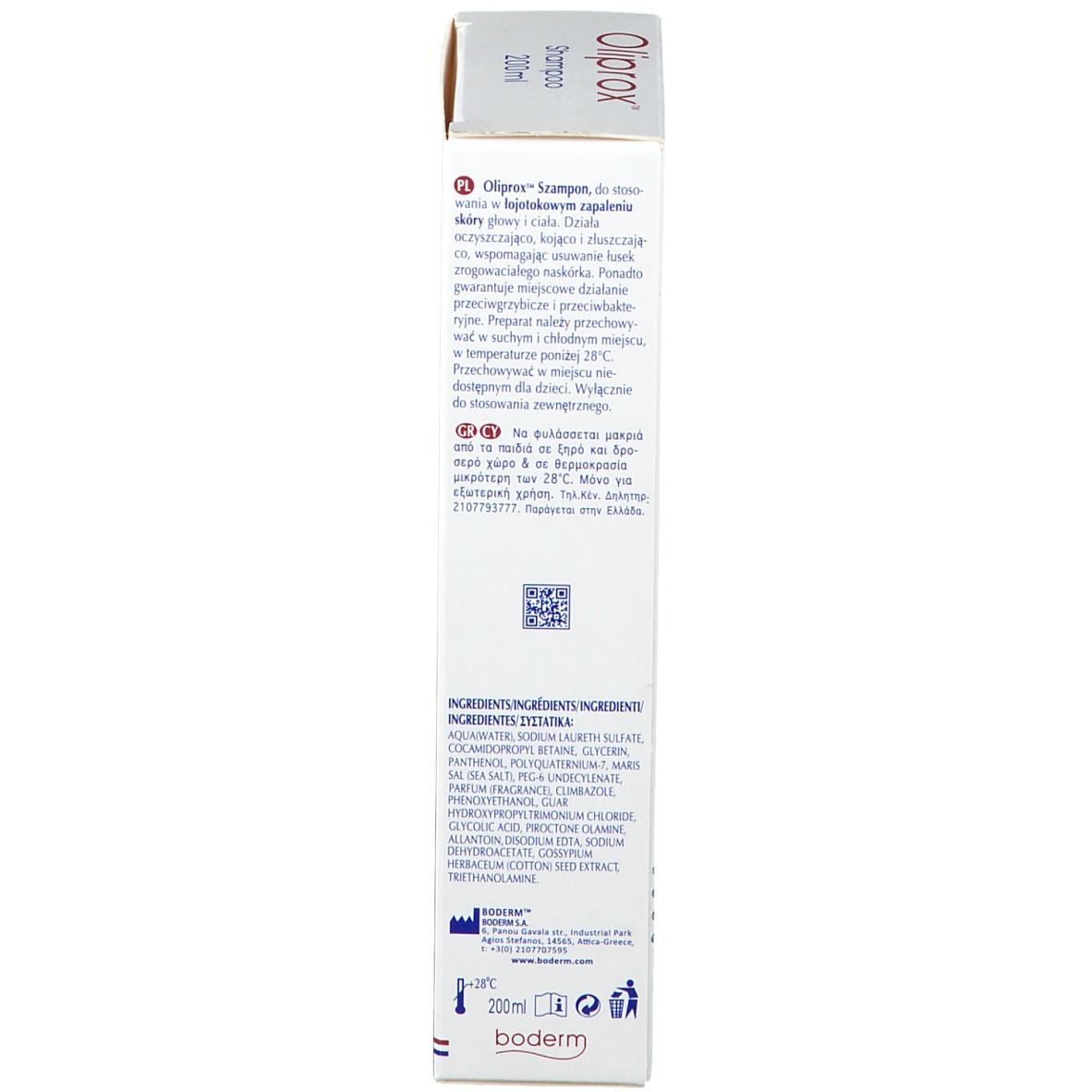 Retro della scatola di shampoo Oliprox. Testo multilingue. Ingredienti. Marchio CE. 200ml. Informazioni del produttore.