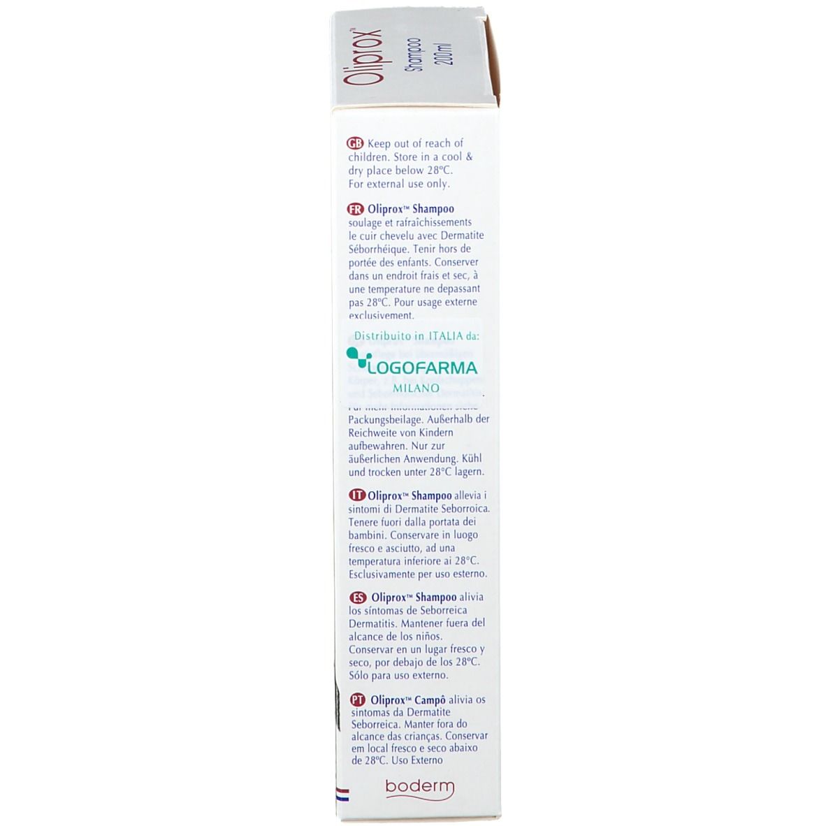 Lato della scatola di shampoo Oliprox. Testo multilingue. Marchio CE. 200ml. Avvertenze e informazioni del produttore.