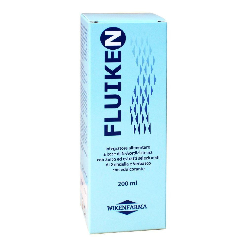 Scatola azzurra con informazioni sul prodotto. Scritto: Fluiken N, 200 ml. Marchio: WIKENFARMA.