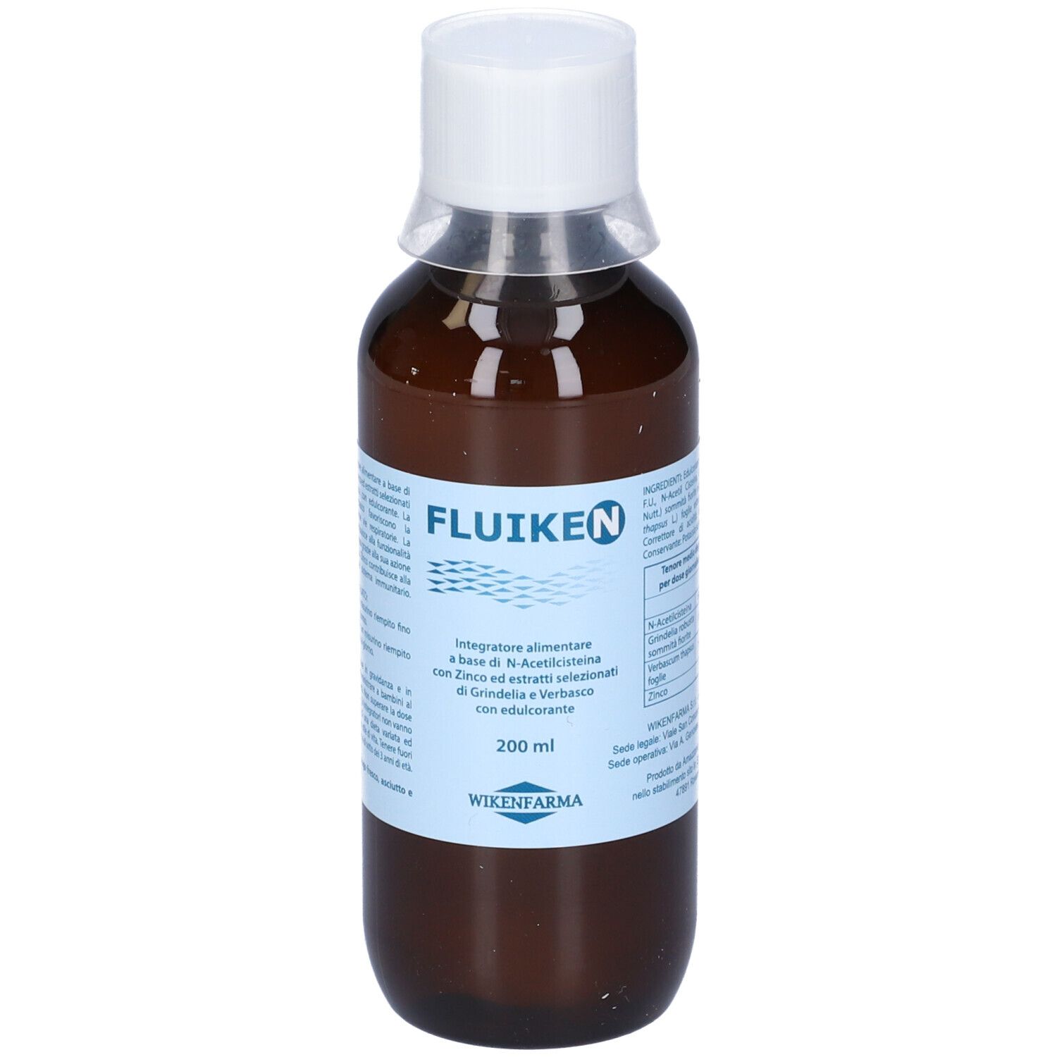 Flacone marrone con tappo bianco. Scritto: Fluiken N, 200 ml. Marchio: WIKENFARMA.