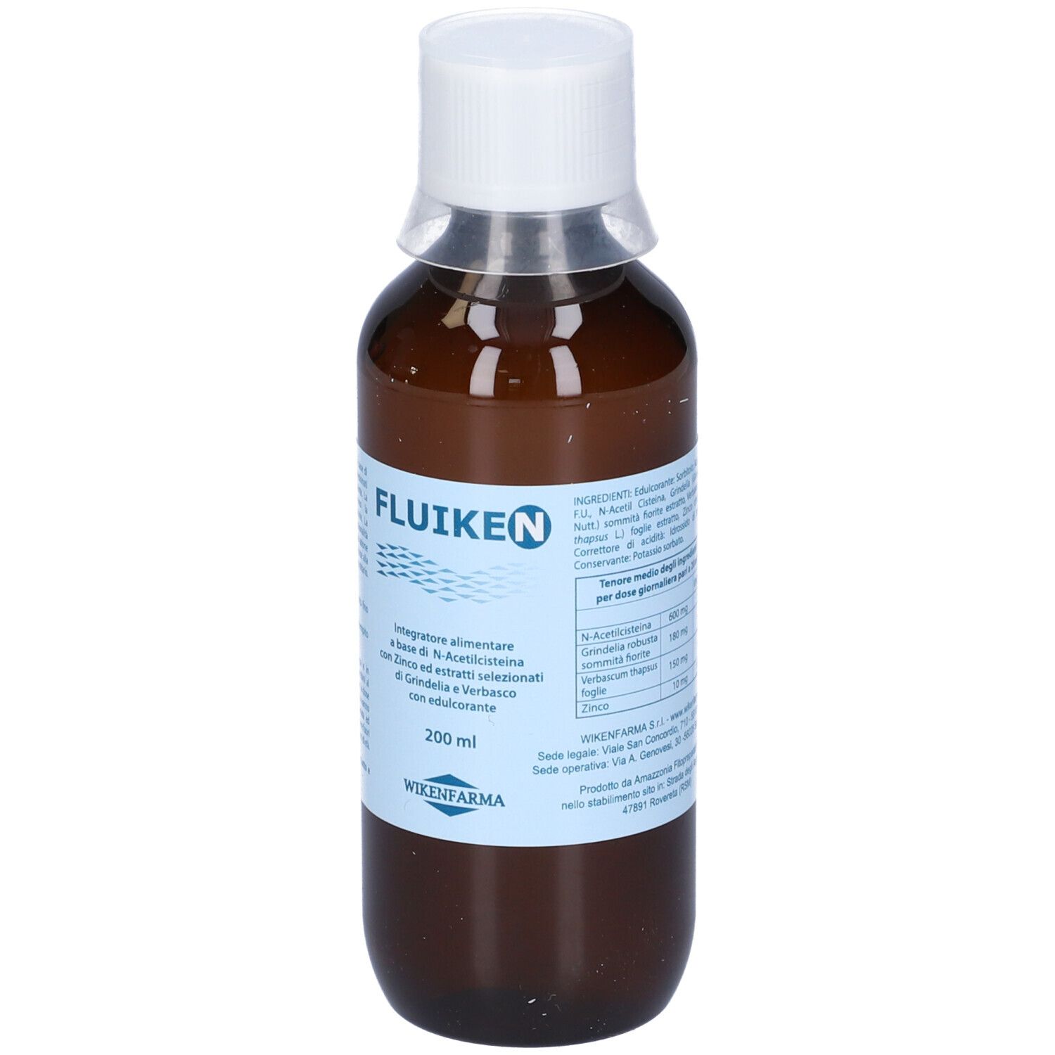 Flacone marrone con tappo bianco. Scritto: Fluiken N, 200 ml. Marchio: WIKENFARMA.