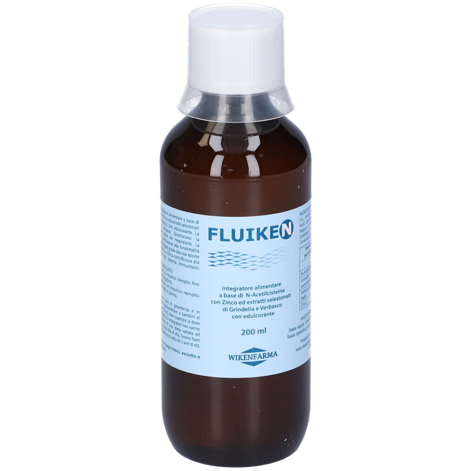 Flacone marrone con tappo bianco. Scritto: Fluiken N, 200 ml. Marchio: WIKENFARMA.