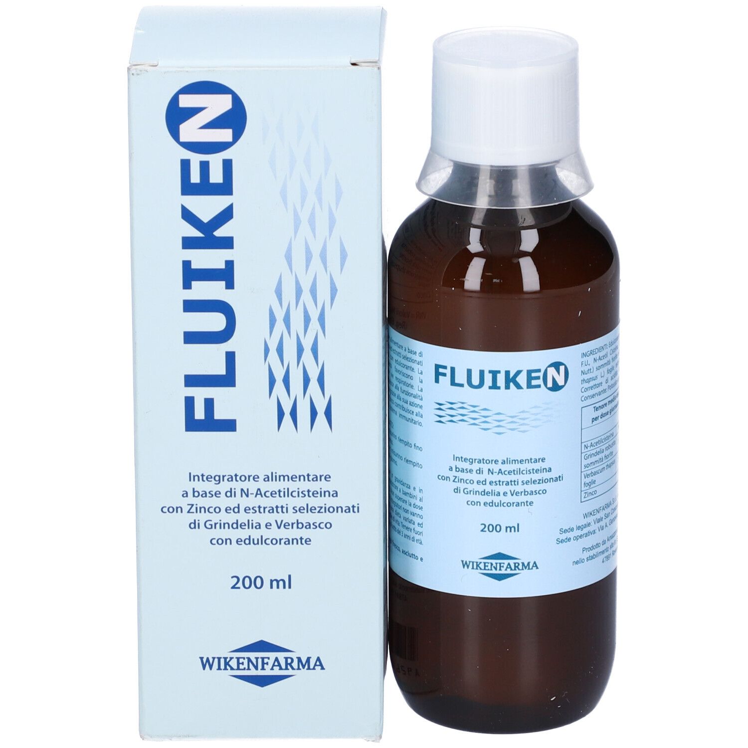 Flacone marrone e scatola azzurra. Scritto: Fluiken N, 200 ml. Marchio: WIKENFARMA.