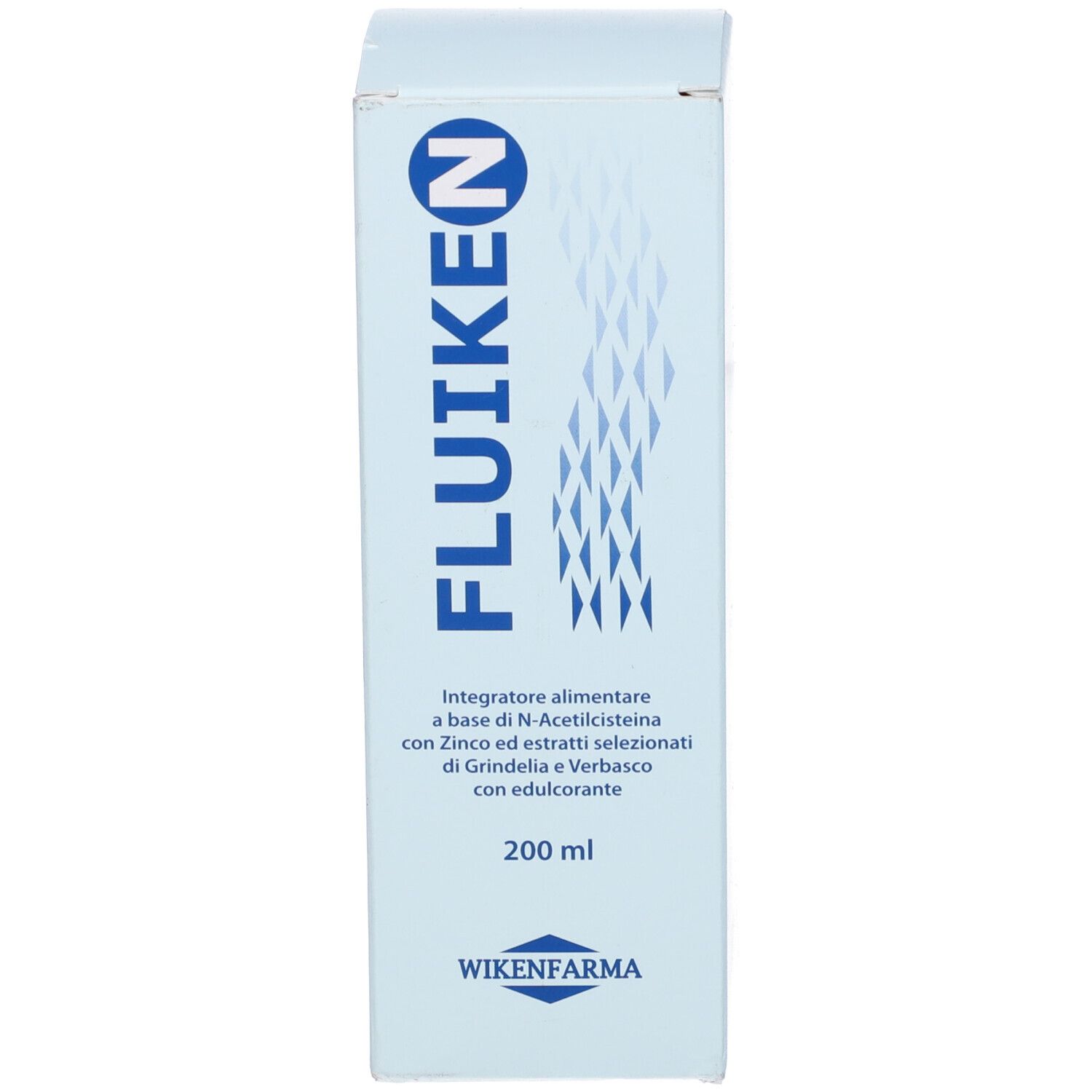 Scatola azzurra con informazioni sul prodotto. Scritto: Fluiken N, 200 ml. Marchio: WIKENFARMA.