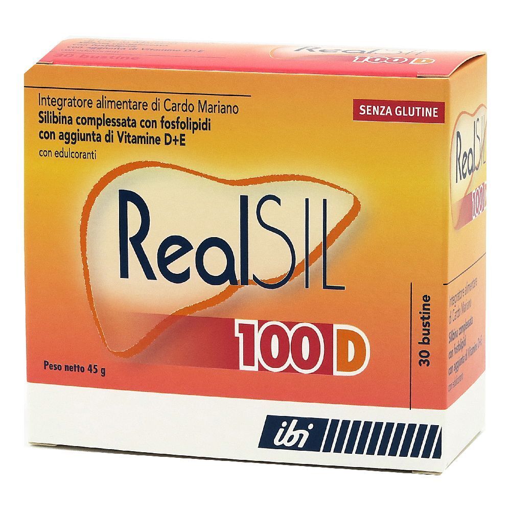 Scatola con nome prodotto e '100 D'. Scritto 'Senza glutine'. 30 bustine. Peso netto 45 g.