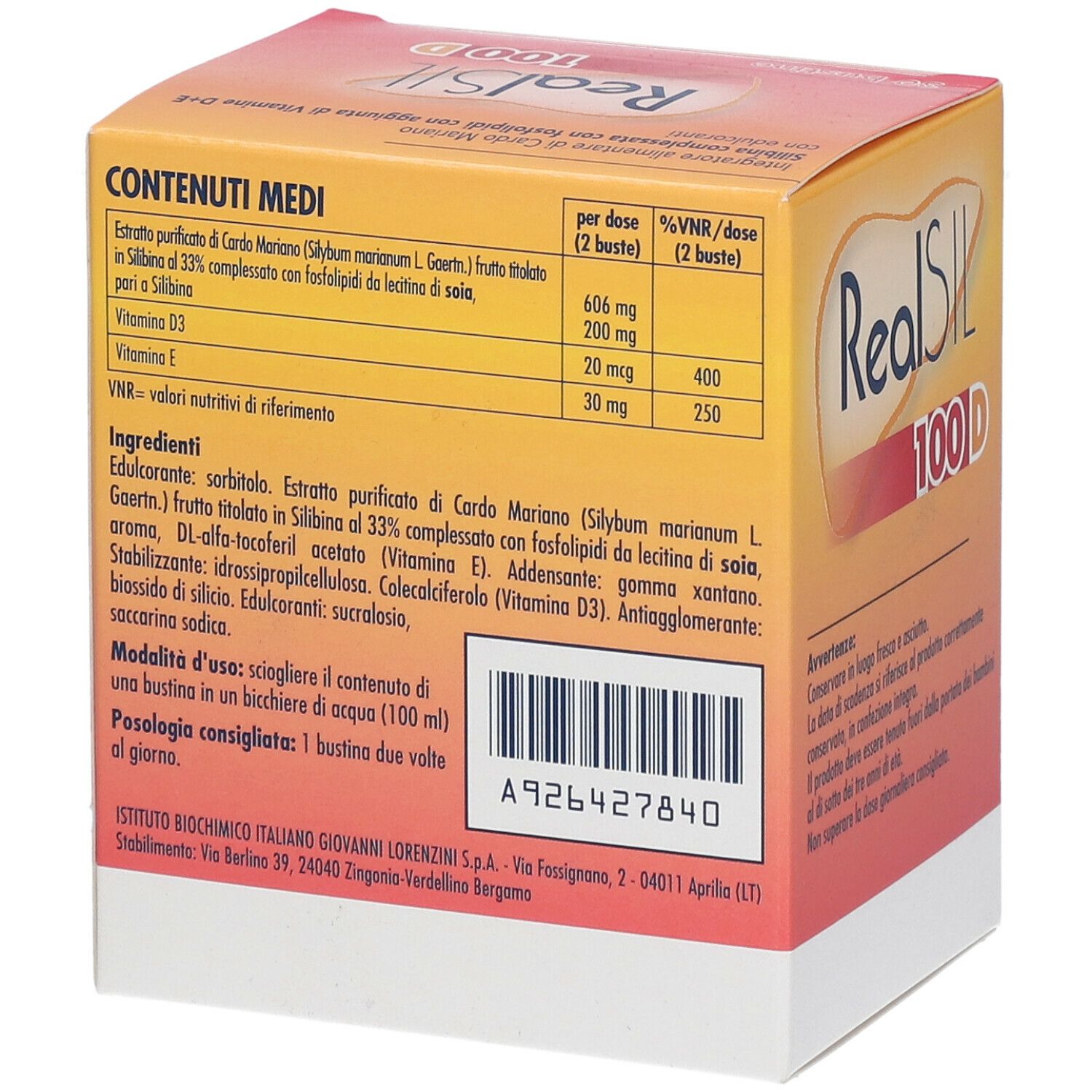 Scatola con nome prodotto e '100 D'. Scritto 'Senza glutine'. 30 bustine. Retro con informazioni.