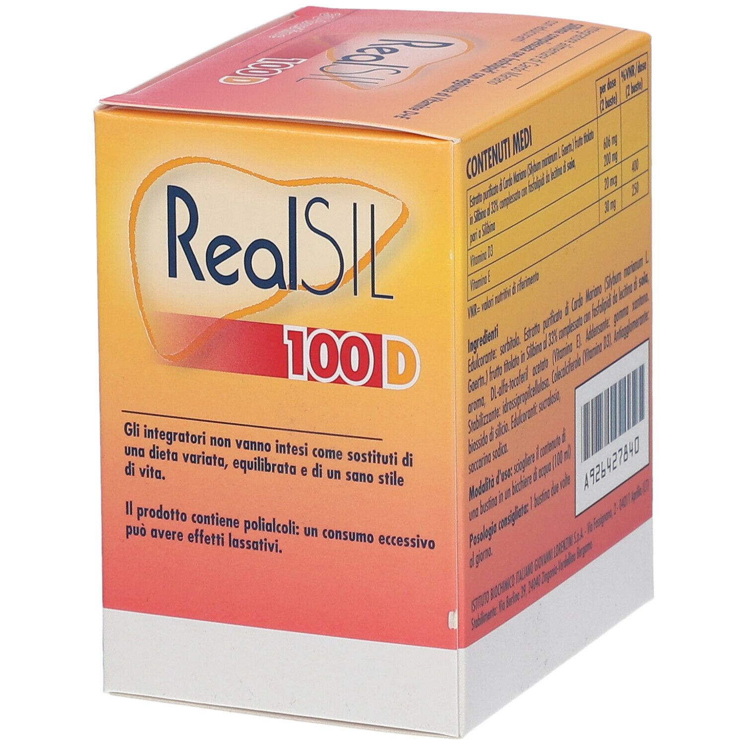 Scatola con nome prodotto e '100 D'. Scritto 'Senza glutine'. 30 bustine. Retro con informazioni.