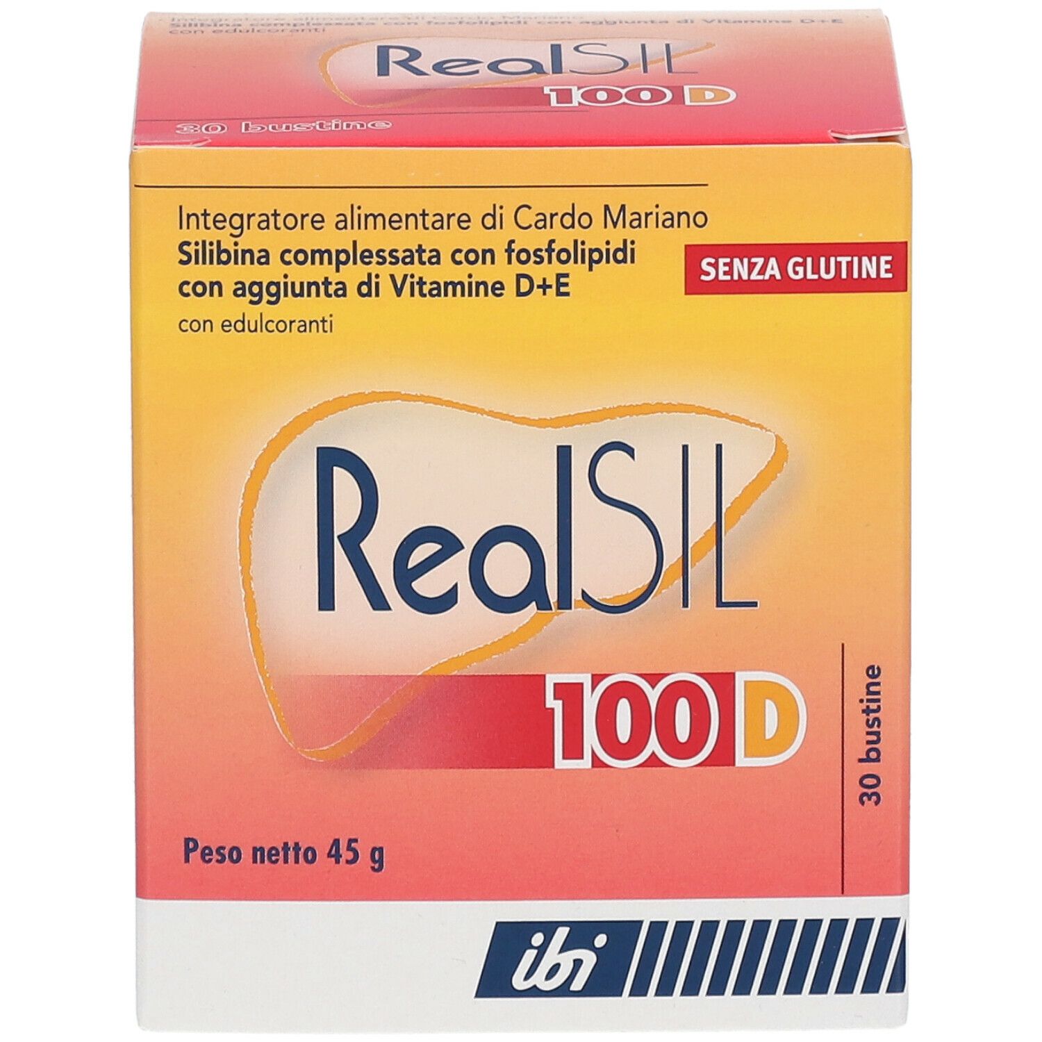 Scatola con nome prodotto e '100 D'. Scritto 'Senza glutine'. 30 bustine. Peso netto 45 g.