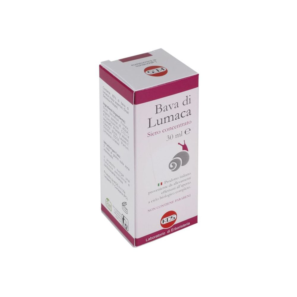 Scatola "Bava di Lumaca Siero Concentrato". 30 ml. Logo KOS. Confezione rosa e bianca.