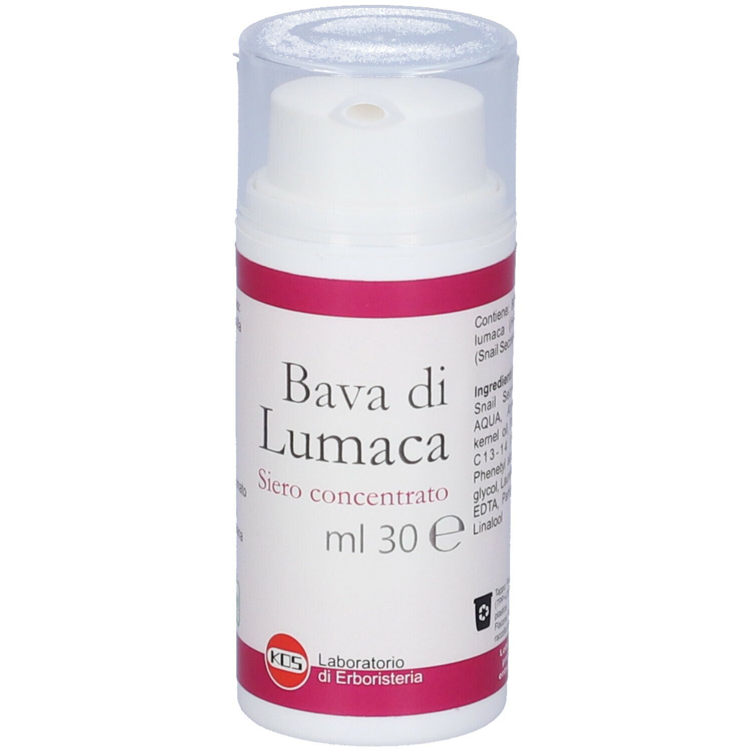 Flacone bianco, etichetta rosa. "Bava di Lumaca Siero Concentrato". 30 ml. Logo KOS. Coperchio trasparente.