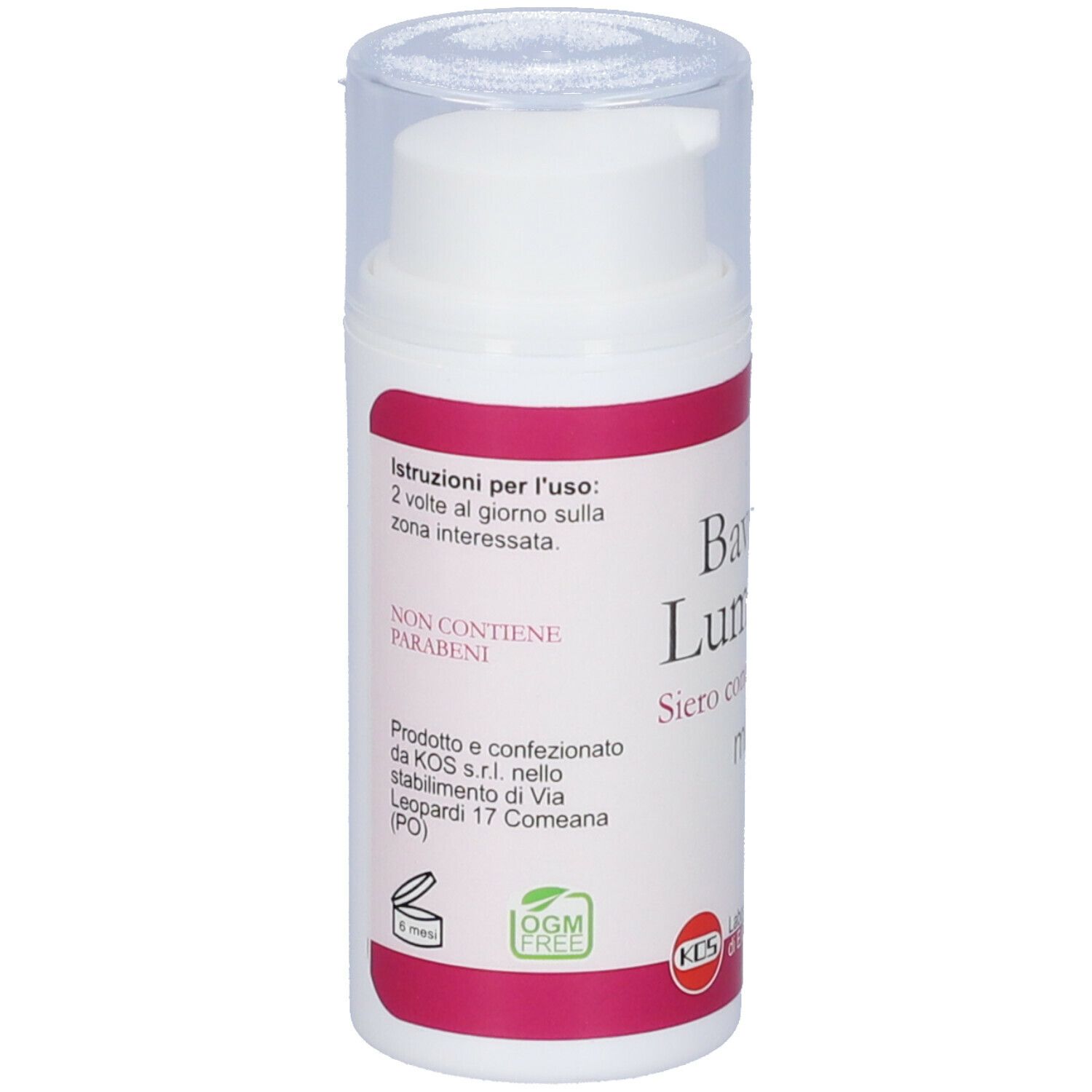 Flacone bianco, etichetta rosa. "Bava di Lumaca Siero Concentrato". Logo KOS. Coperchio trasparente. Testo.