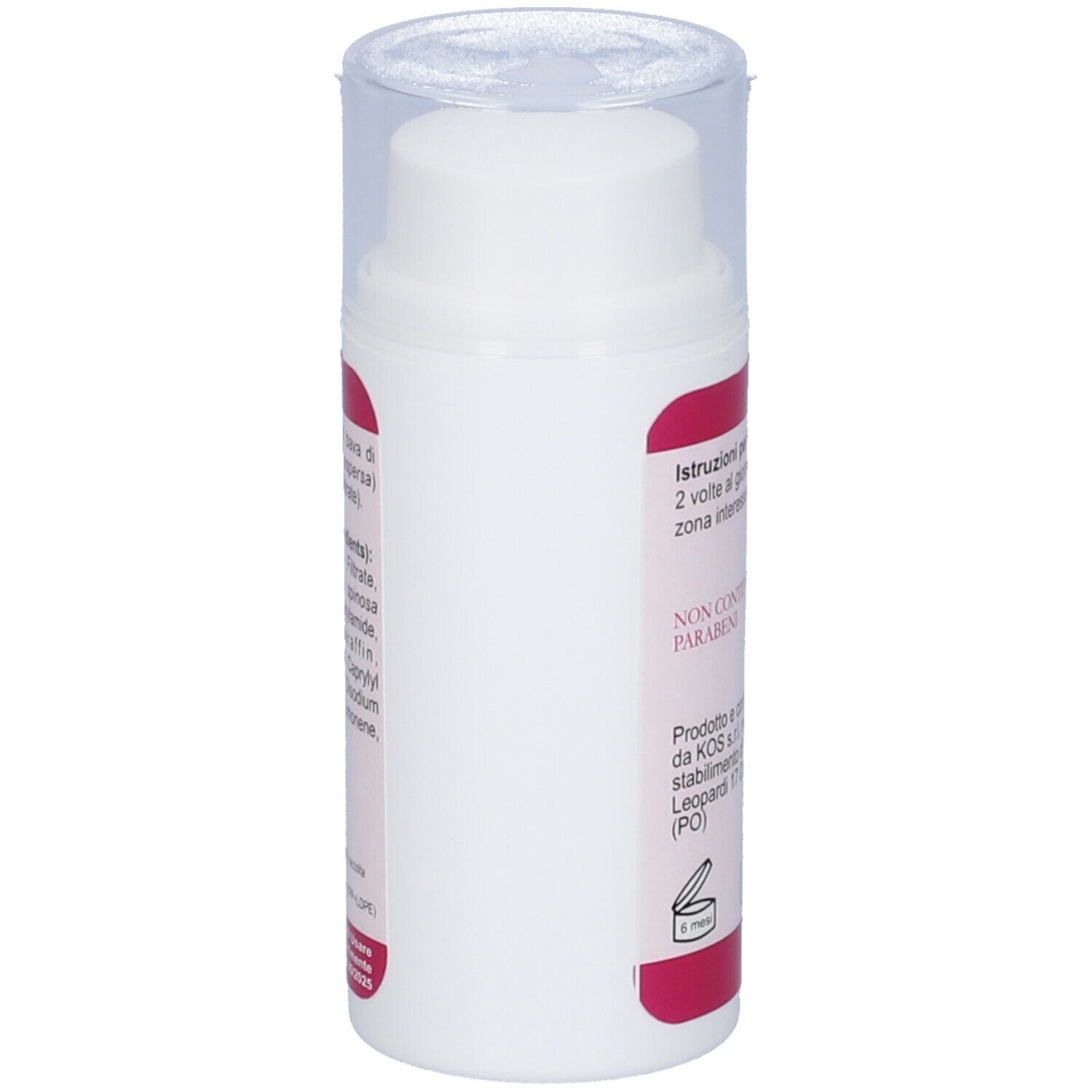 Flacone bianco, etichetta rosa. "Bava di Lumaca Siero Concentrato". Logo KOS. Coperchio trasparente. Testo.