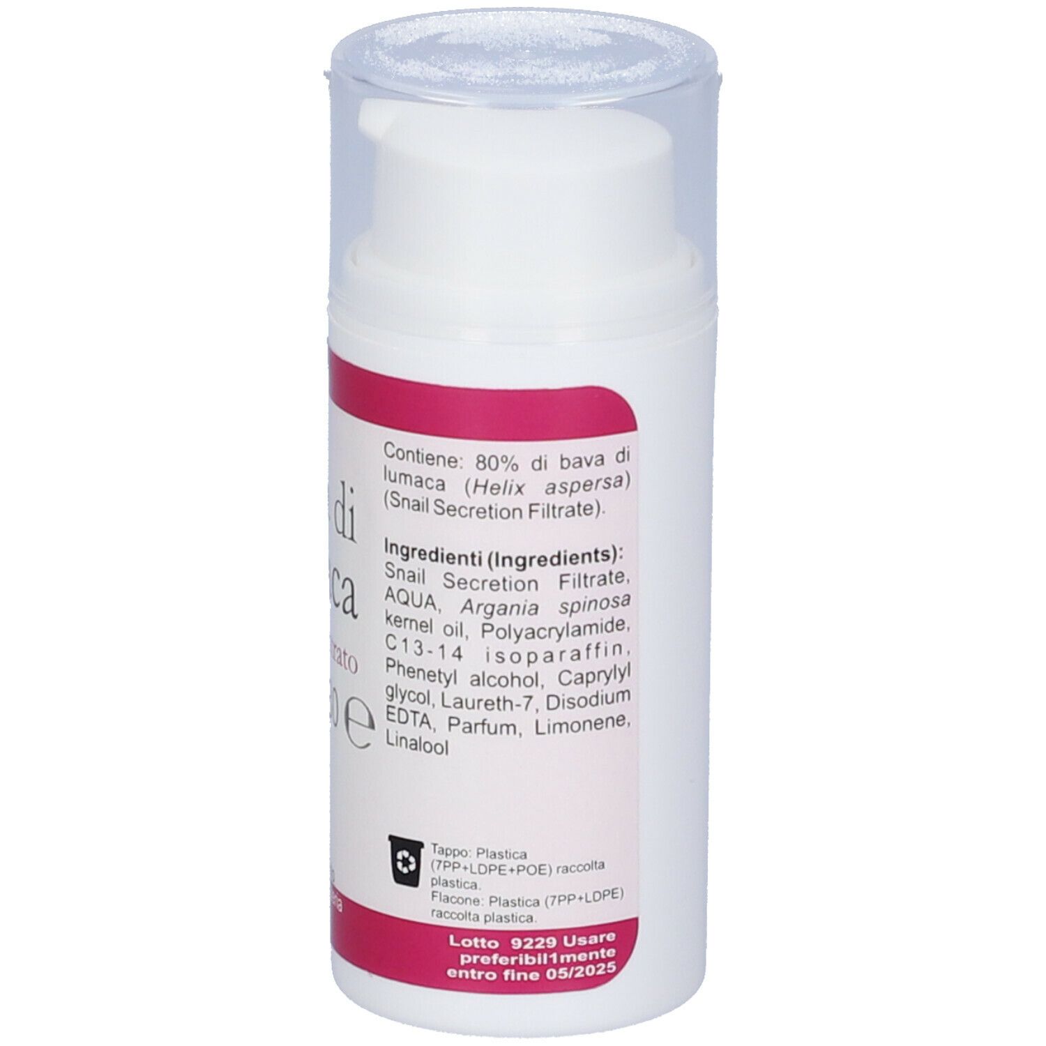 Flacone bianco, etichetta rosa. "Bava di Lumaca Siero Concentrato". Logo KOS. Coperchio trasparente. Testo.