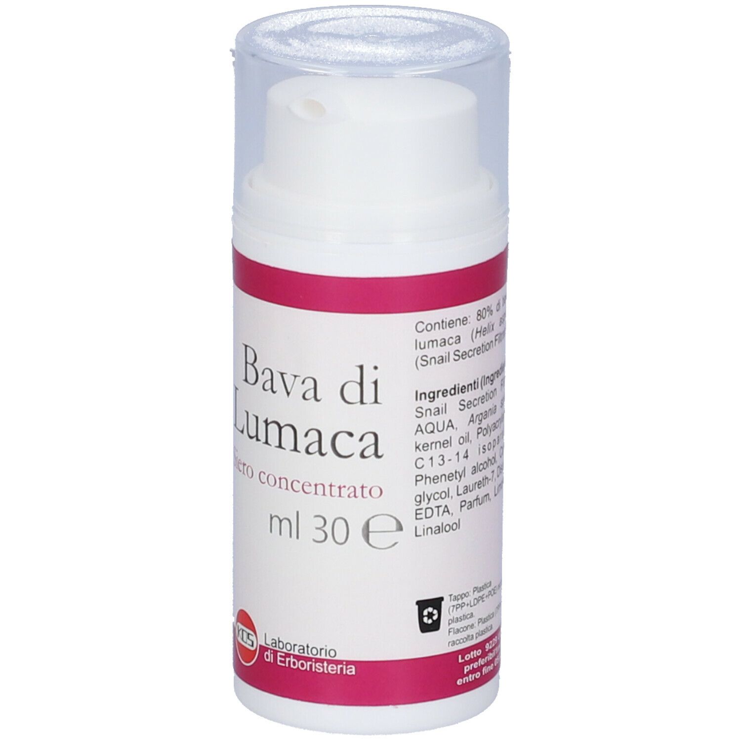 Flacone bianco, etichetta rosa. "Bava di Lumaca Siero Concentrato". 30 ml. Logo KOS. Coperchio trasparente.