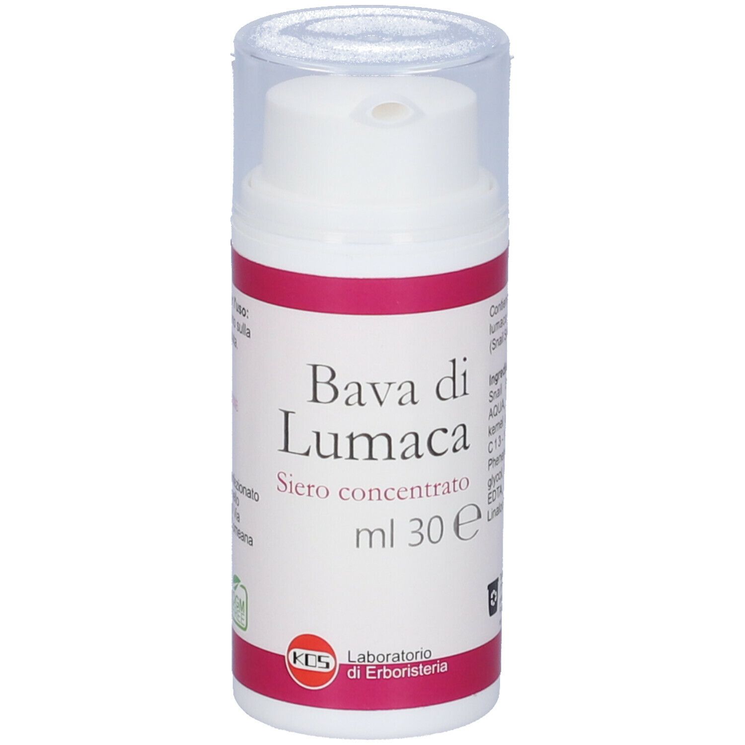 Flacone bianco, etichetta rosa. "Bava di Lumaca Siero Concentrato". 30 ml. Logo KOS. Coperchio trasparente.