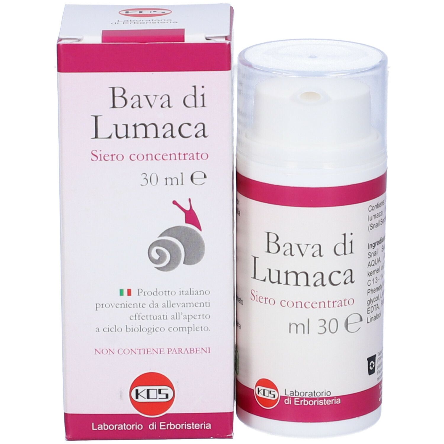 Confezione e flacone. "Bava di Lumaca Siero Concentrato". 30 ml. Logo KOS. Confezione rosa e bianca.