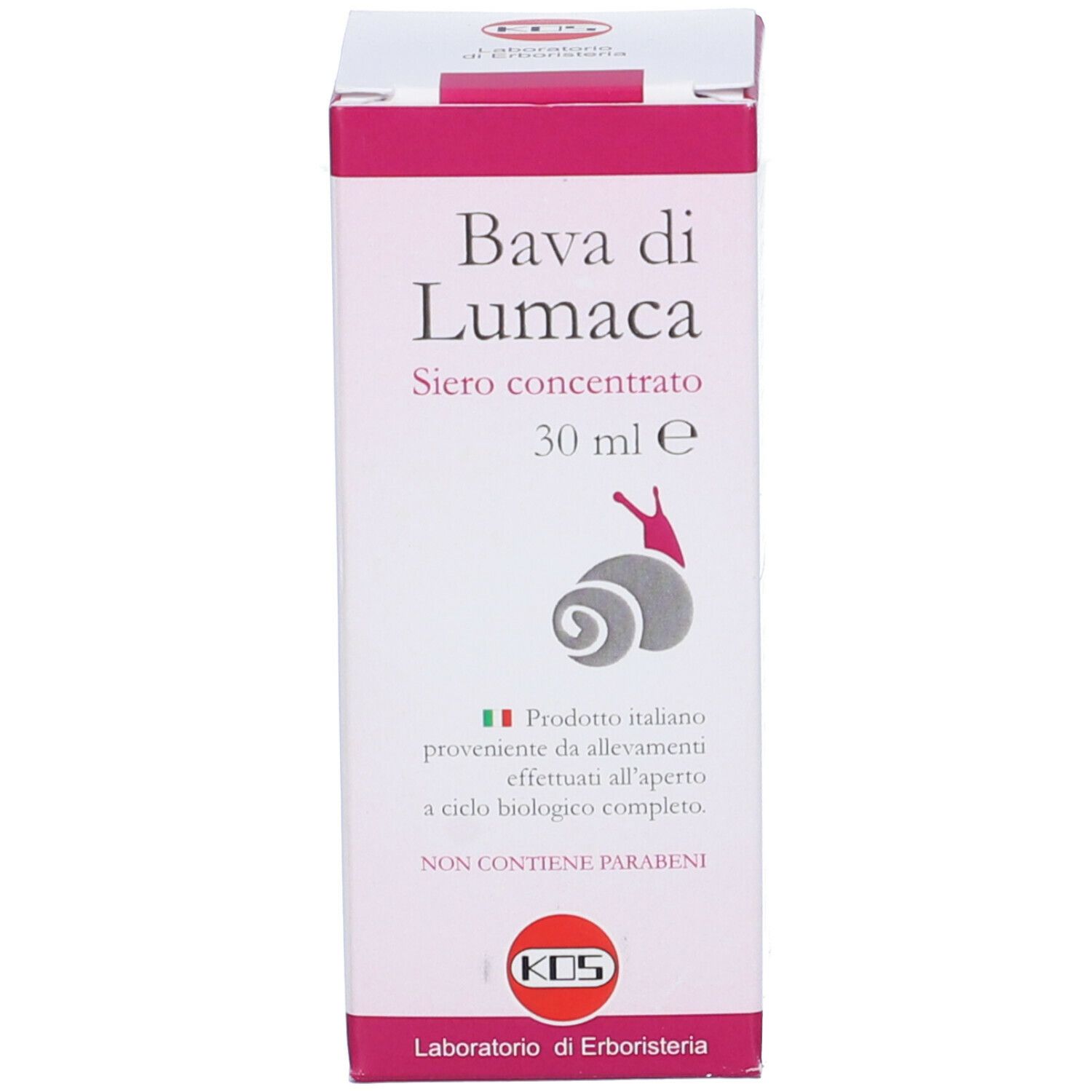 Scatola "Bava di Lumaca Siero Concentrato". 30 ml. Logo KOS. Confezione rosa e bianca.